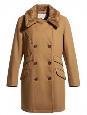 Coat/ jacket  Classic Double-Breasted Faux-Fur Collar peacoat - Tan